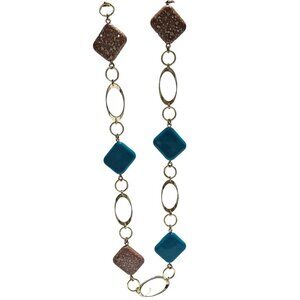 Boho Geometric Beads Gold Tone Chain Necklace Teal Brown Fashion Jewelry Women
